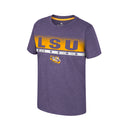 Colosseum Athletics youth short sleeve T-shirt in purple with 'LSU Tigers' Louisiana State University graphic print. Front View