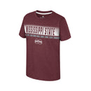 Colosseum Athletics youth short sleeve maroon t-shirt with Mississippi State Bulldogs graphic print. Front View