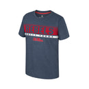 Colosseum Athletics youth short sleeve Navy T-shirt with horizontal white band with 'Hotty Toddy'  and a red band 'REBELS' text on the front.