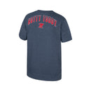 Colosseum Athletics youth short sleeve Navy T-shirt with horizontal white band with 'Hotty Toddy'  and a red band 'REBELS' text on the front. Rear view showing 'Hotty Toddy and M' graphic print. 