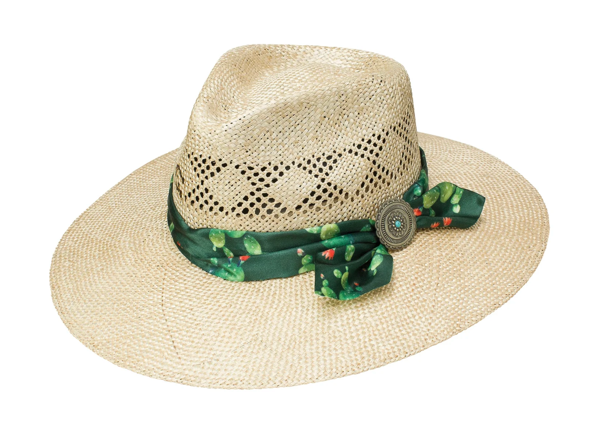 A natural straw fedora hat with a dark green floral ribbon and bow, featuring a decorative metal button accent on the side, set against a plain white background.