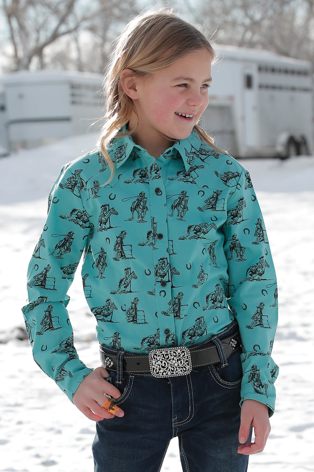 Girl's Cruel CTW3220038 Turquoise Print Snap Long Sleeve Shirt