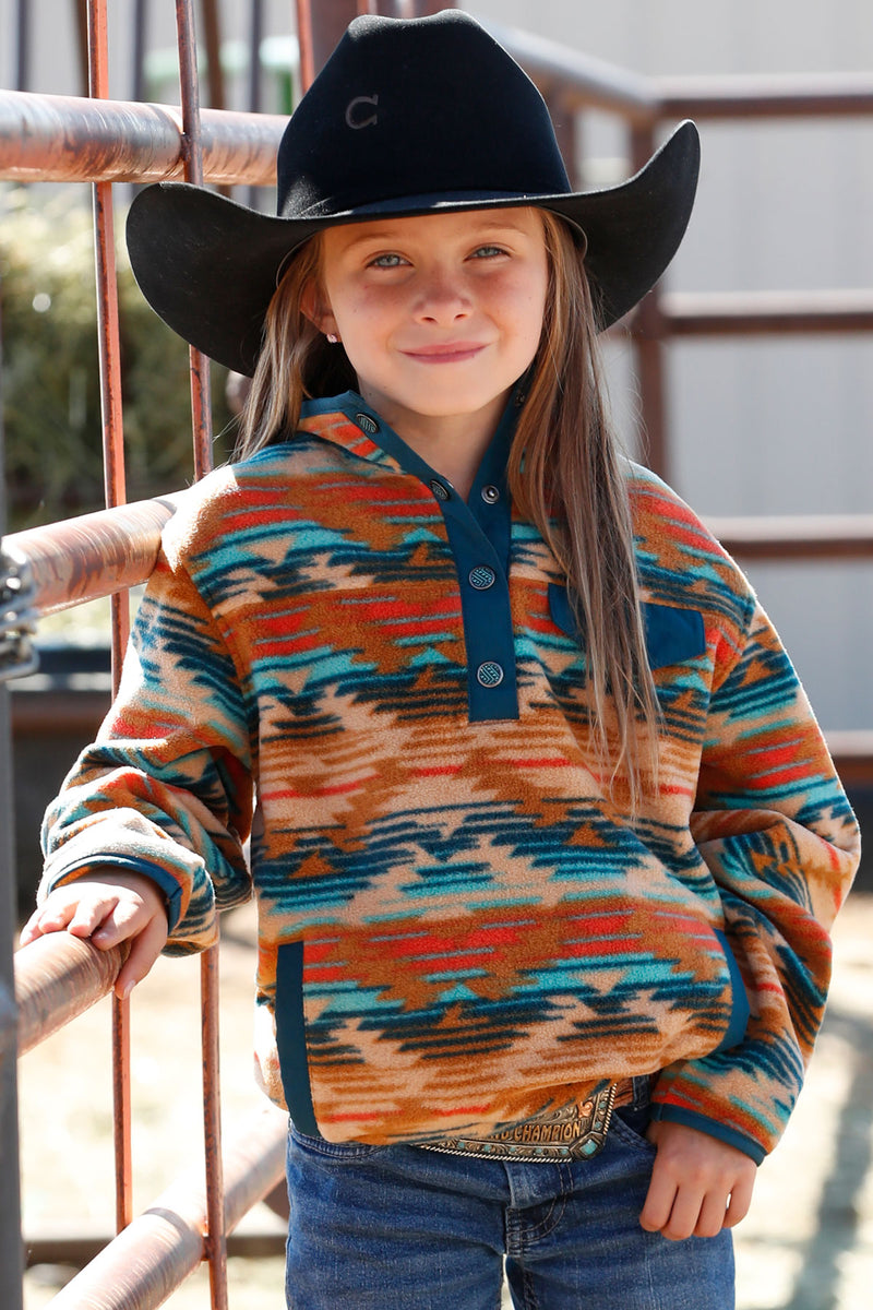 Girl's fleece jacket with elastic sleeve band, 1/2 snap front placket, standing collar, and left chest snap faux pocket welt. Made in bright multi-color horizontal stripe pattern in rust/turquoise/beige/medium blue print with matching blue placket, collar, top pocket welt, handwarmer pockets, and sleeve cuff tapes. Front view