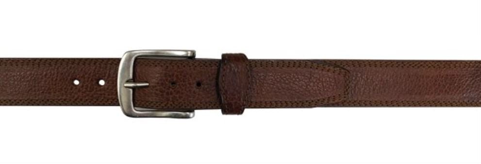 A flat view of a Brown bison leather belt with a nickel finish buckle, featuring tonal triple stitched edges and a sloped leather loop.
