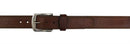 A flat view of a Brown bison leather belt with a nickel finish buckle, featuring tonal triple stitched edges and a sloped leather loop.