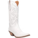 A profile view of a white smooth leather women's Dingo boot with a snip toe and a western heel.