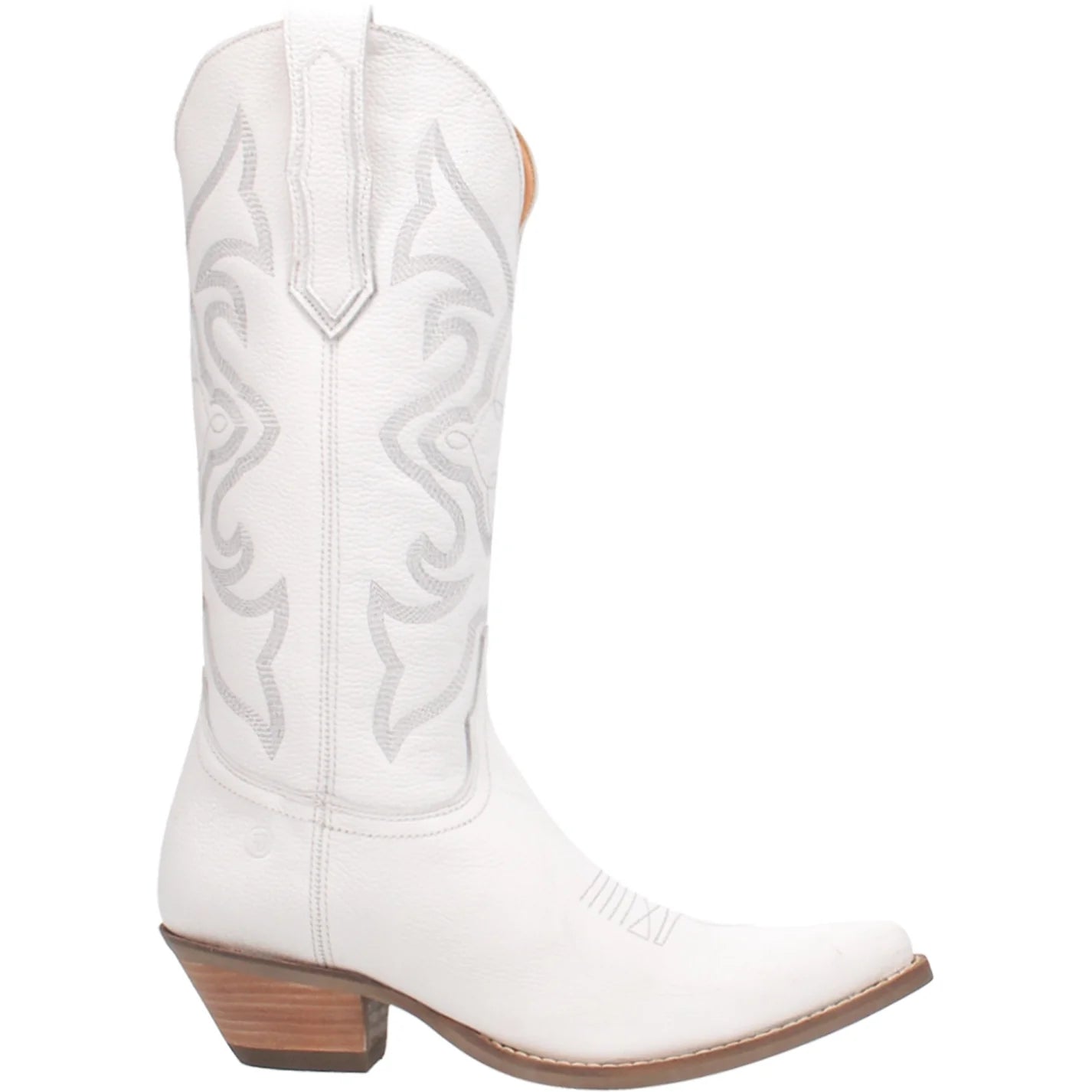 A side view of a white smooth leather women's Dingo boot with a snip toe and a western heel.