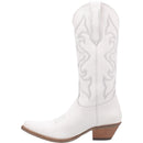 A instep side view of a white smooth leather women's Dingo boot with a snip toe and a western heel.