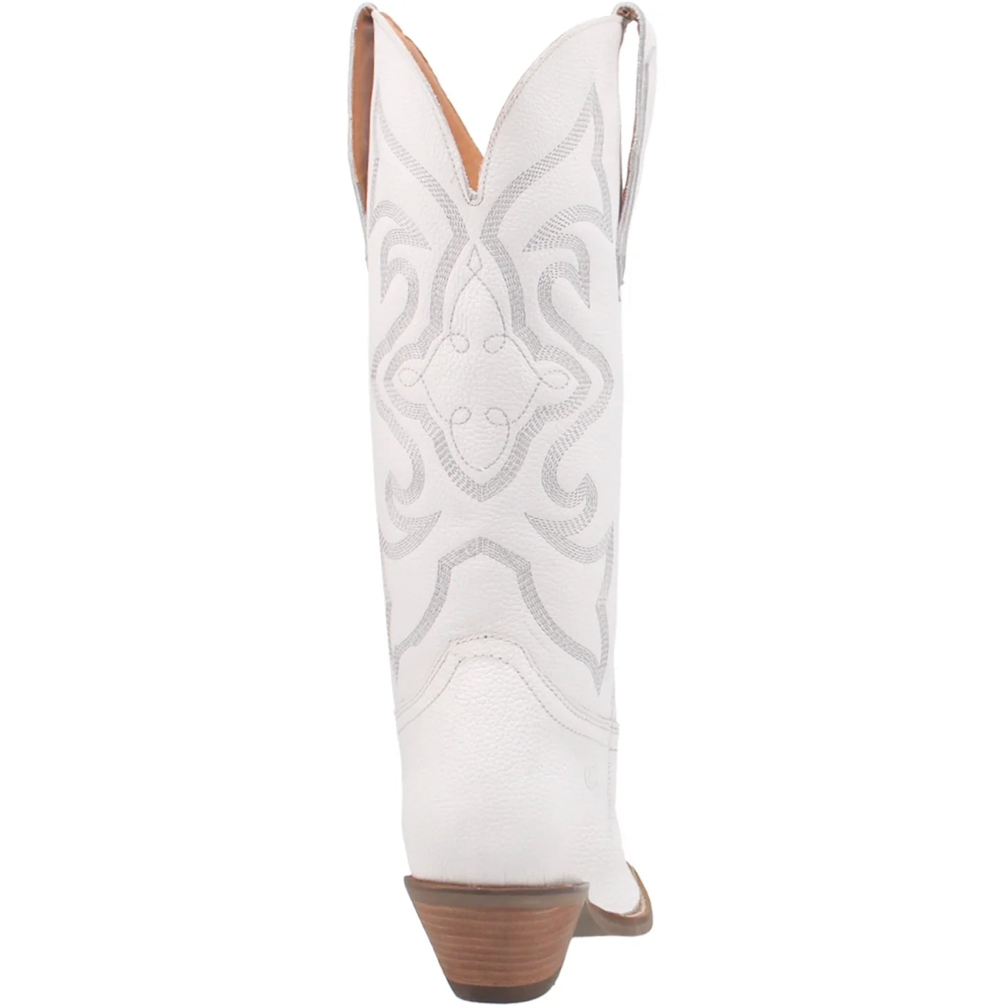 A heel view of a white smooth leather women's Dingo boot with a snip toe and a western heel.