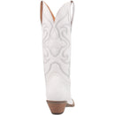 A heel view of a white smooth leather women's Dingo boot with a snip toe and a western heel.
