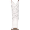 A toe view of a white smooth leather women's Dingo boot with a snip toe and a western heel.