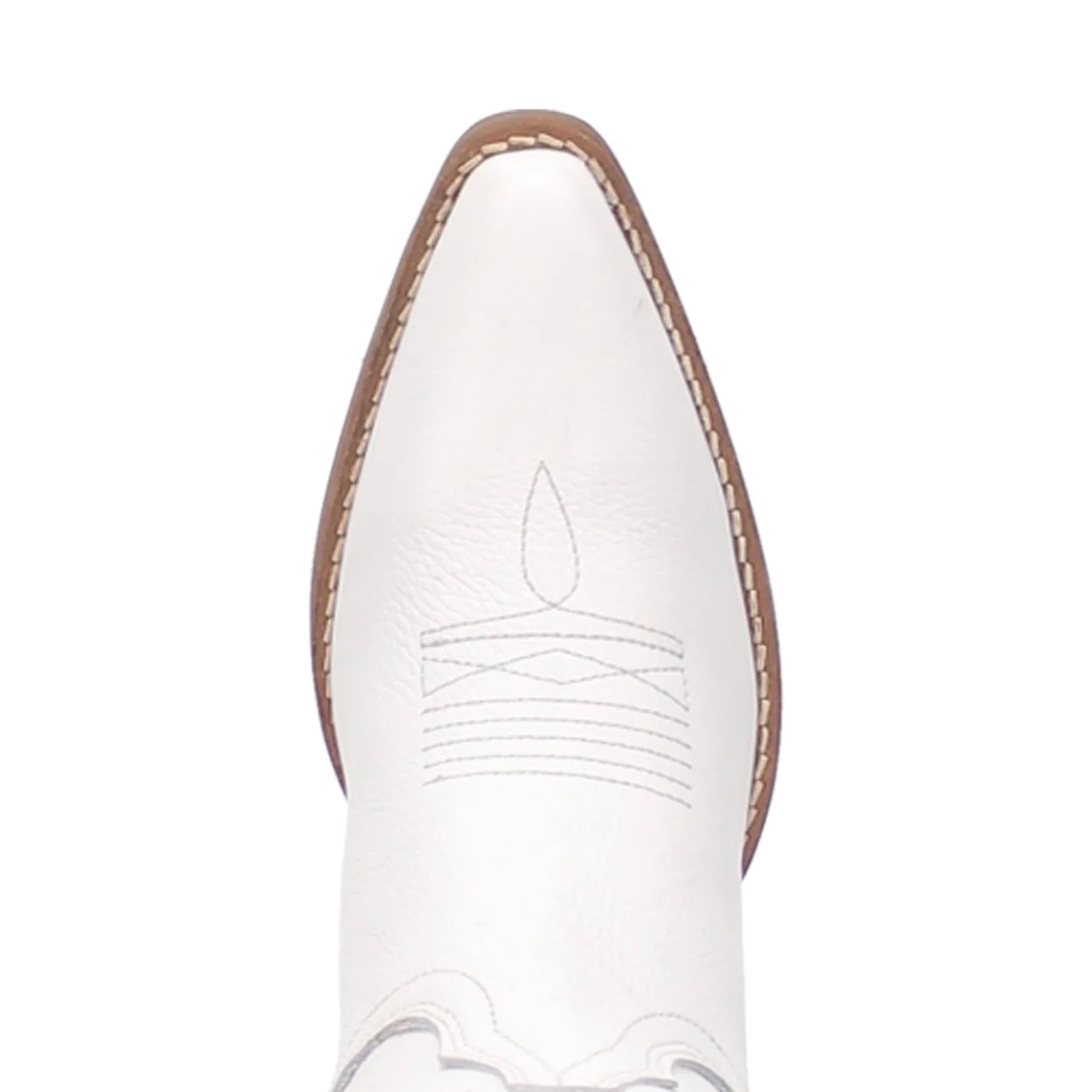 A toe profile view of a white smooth leather women's Dingo boot with a snip toe and a western heel.