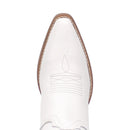 A toe profile view of a white smooth leather women's Dingo boot with a snip toe and a western heel.