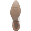 A rubber outsole view of a white smooth leather women's Dingo boot with a snip toe and a western heel.