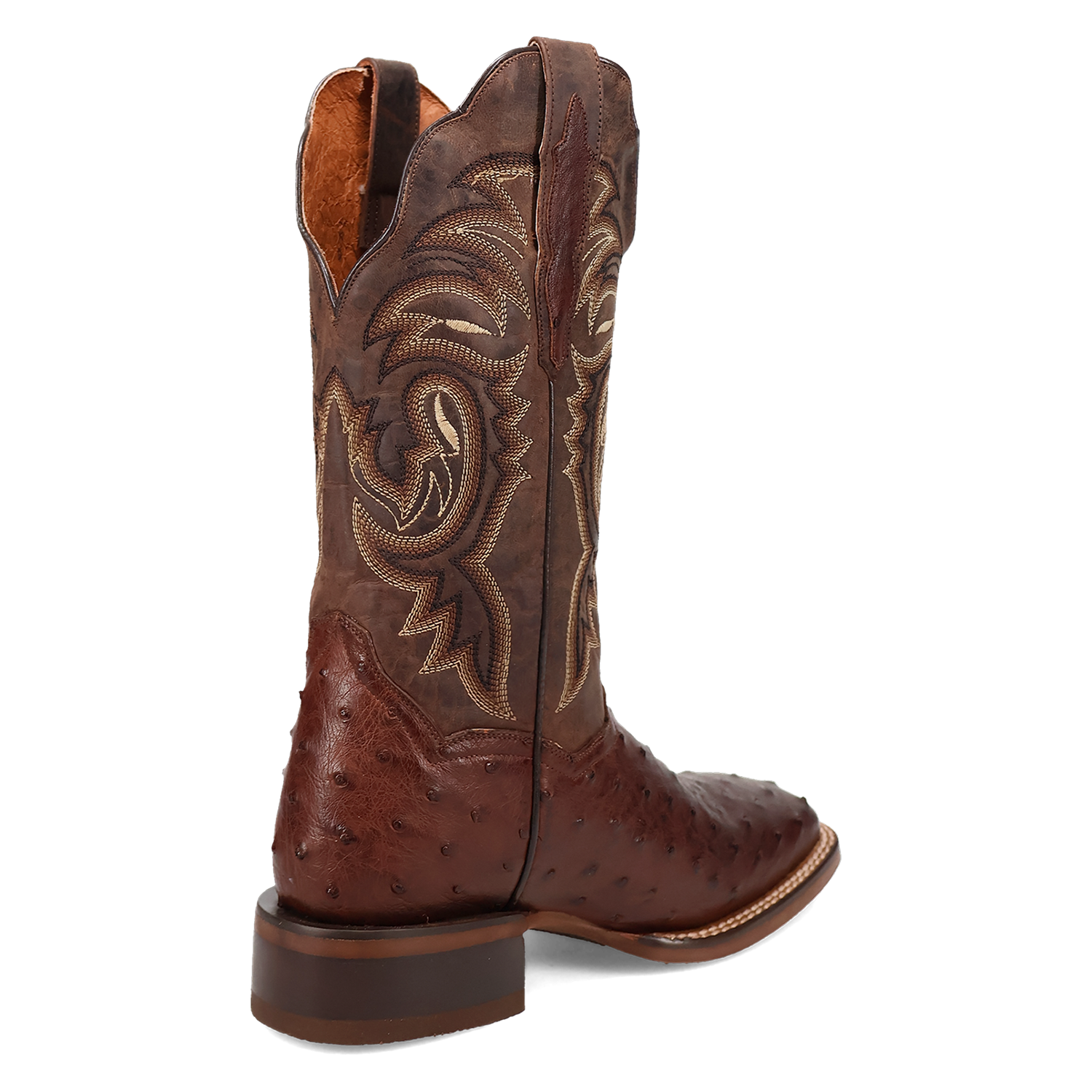 A back view of a Women's Dan Post square toe full quill ostrich boot in chocolate color with embossed detailing.