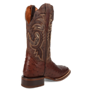 A back view of a Women's Dan Post square toe full quill ostrich boot in chocolate color with embossed detailing.