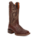 A profile view of a Women's Dan Post square toe full quill ostrich boot in chocolate color with embossed detailing.