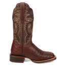 A side view of a Women's Dan Post square toe full quill ostrich boot in chocolate color with embossed detailing.