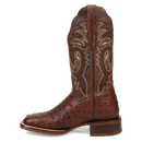 A instep side view of a Women's Dan Post square toe full quill ostrich boot in chocolate color with embossed detailing.