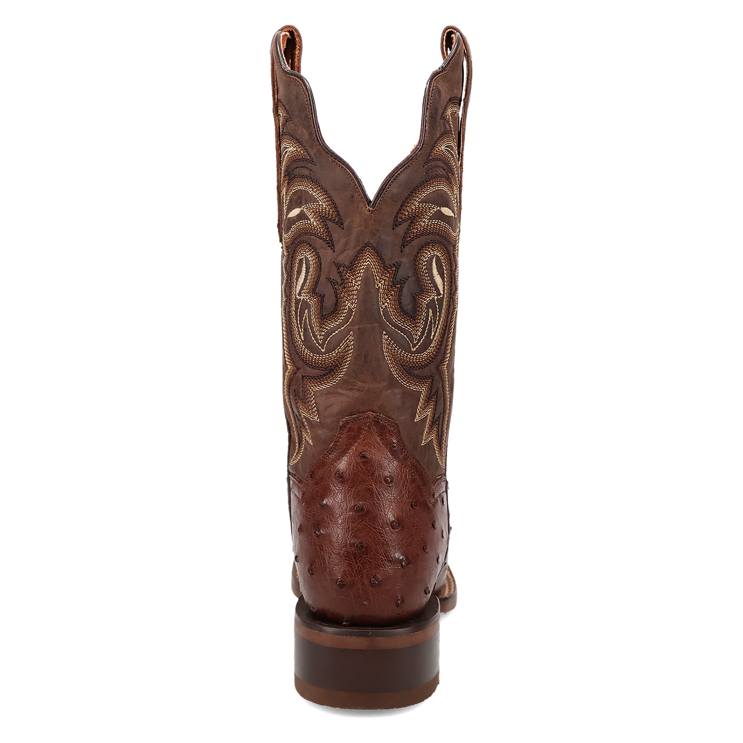 A back view of a Women's Dan Post square toe full quill ostrich boot in chocolate color with embossed detailing.