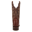 A back view of a Women's Dan Post square toe full quill ostrich boot in chocolate color with embossed detailing.