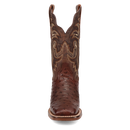 A front view of a Women's Dan Post square toe full quill ostrich boot in chocolate color with embossed detailing.