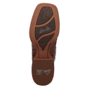 A outsole view of a Women's Dan Post square toe full quill ostrich boot in chocolate color with embossed detailing.