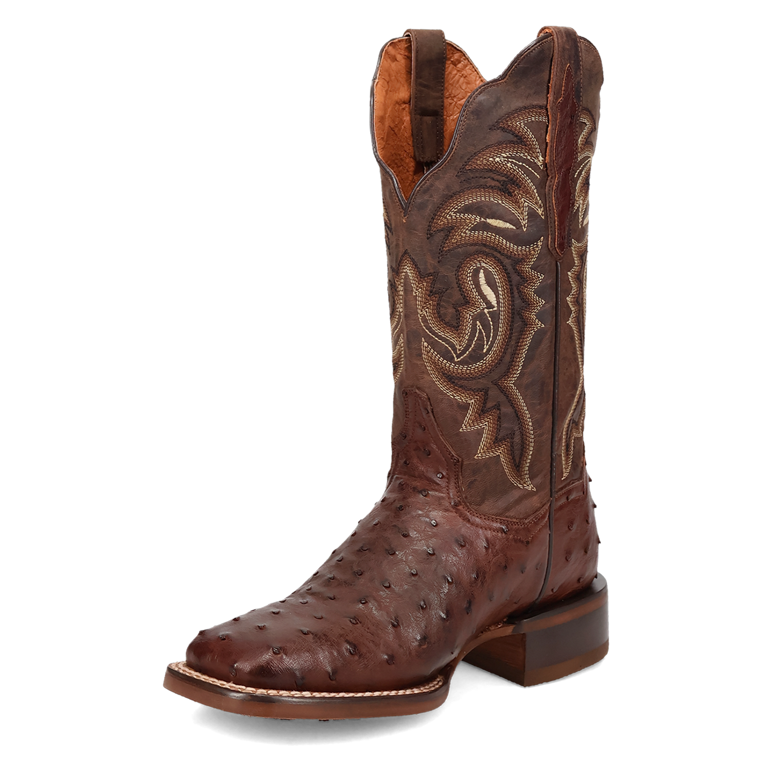 A instep side view of a Women's Dan Post square toe full quill ostrich boot in chocolate color with embossed detailing.