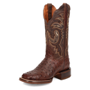 A instep side view of a Women's Dan Post square toe full quill ostrich boot in chocolate color with embossed detailing.