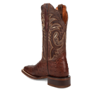 A back view of a Women's Dan Post square toe full quill ostrich boot in chocolate color with embossed detailing.