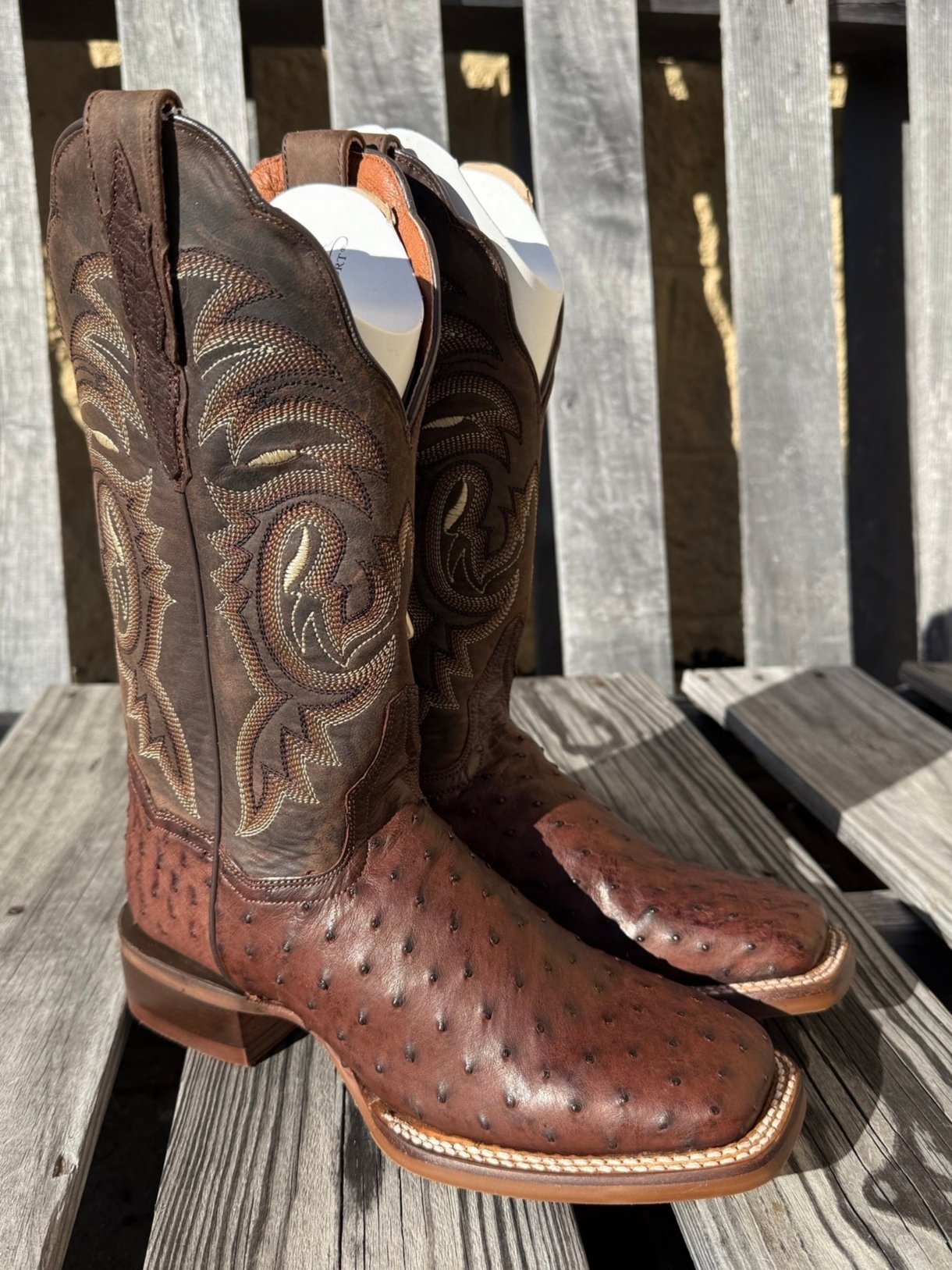 A lifestyle profile view of a Women's Dan Post square toe full quill ostrich boot in chocolate color with embossed detailing.