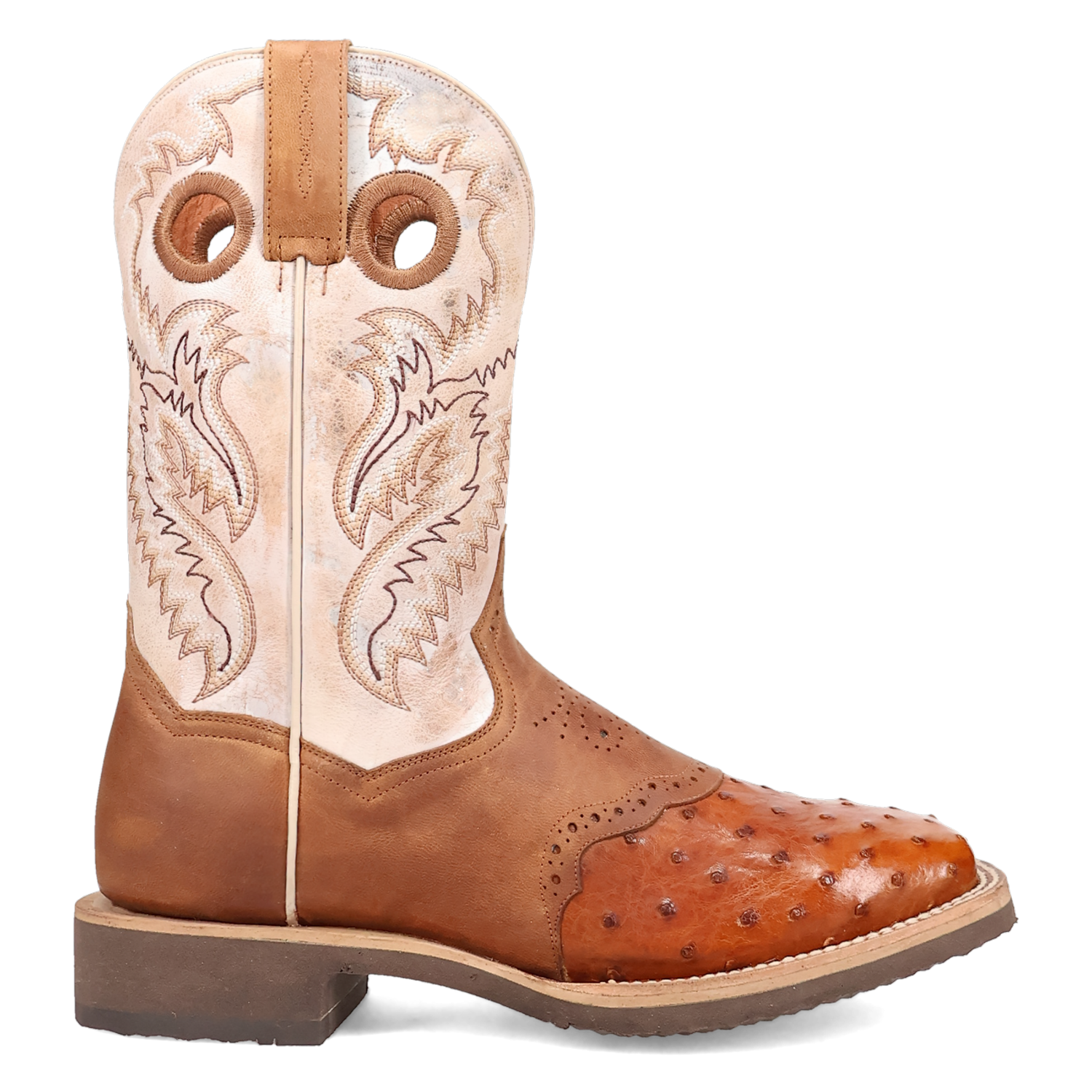 Dan Post DP6059 11" Martel Brown & Bone Full Quill Ostrich Wide Square Toe Boot With Saddle Vamp *Closeout*