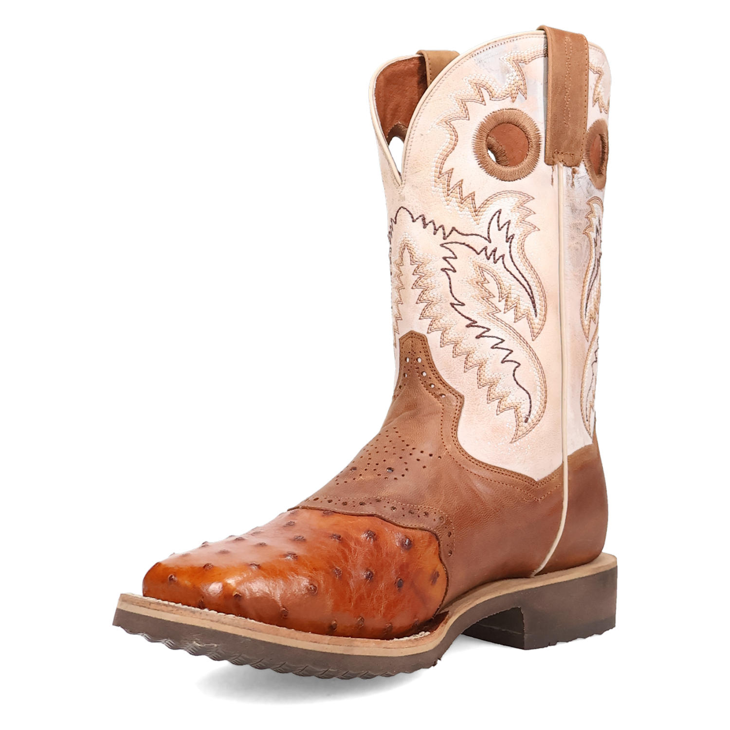 Dan Post DP6059 11" Martel Brown & Bone Full Quill Ostrich Wide Square Toe Boot With Saddle Vamp *Closeout*