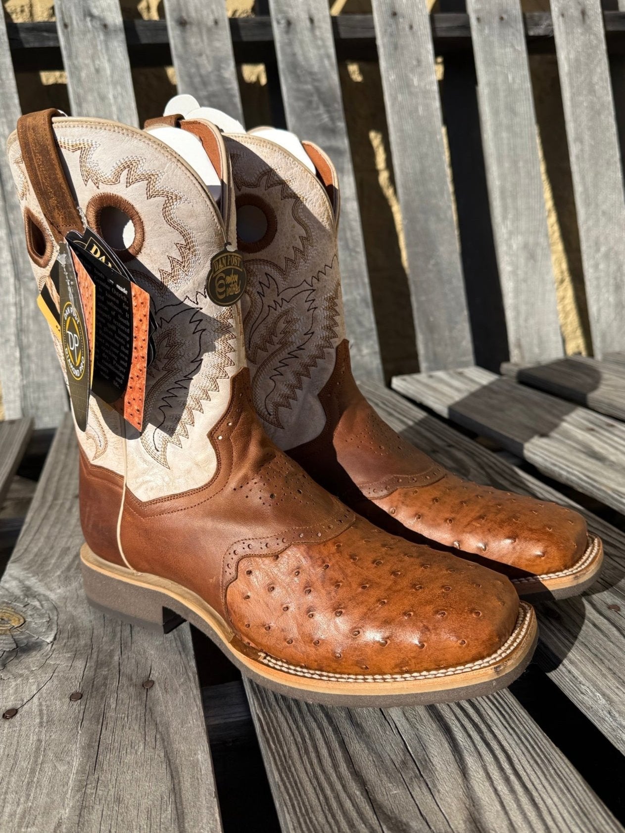 Dan Post DP6059 11" Martel Brown & Bone Full Quill Ostrich Wide Square Toe Boot With Saddle Vamp *Closeout*