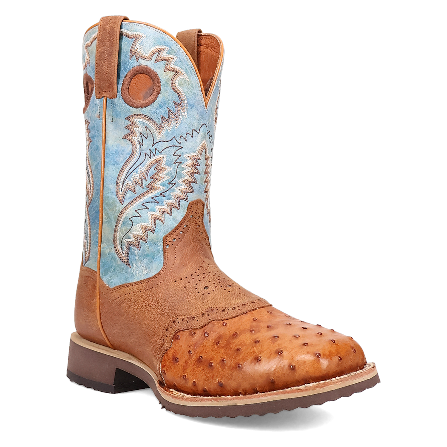 Dan Post DP6060 11" Martel Brown & Blue Full Quill Ostrich Wide Square Toe Boot With Saddle Vamp *Closeout*