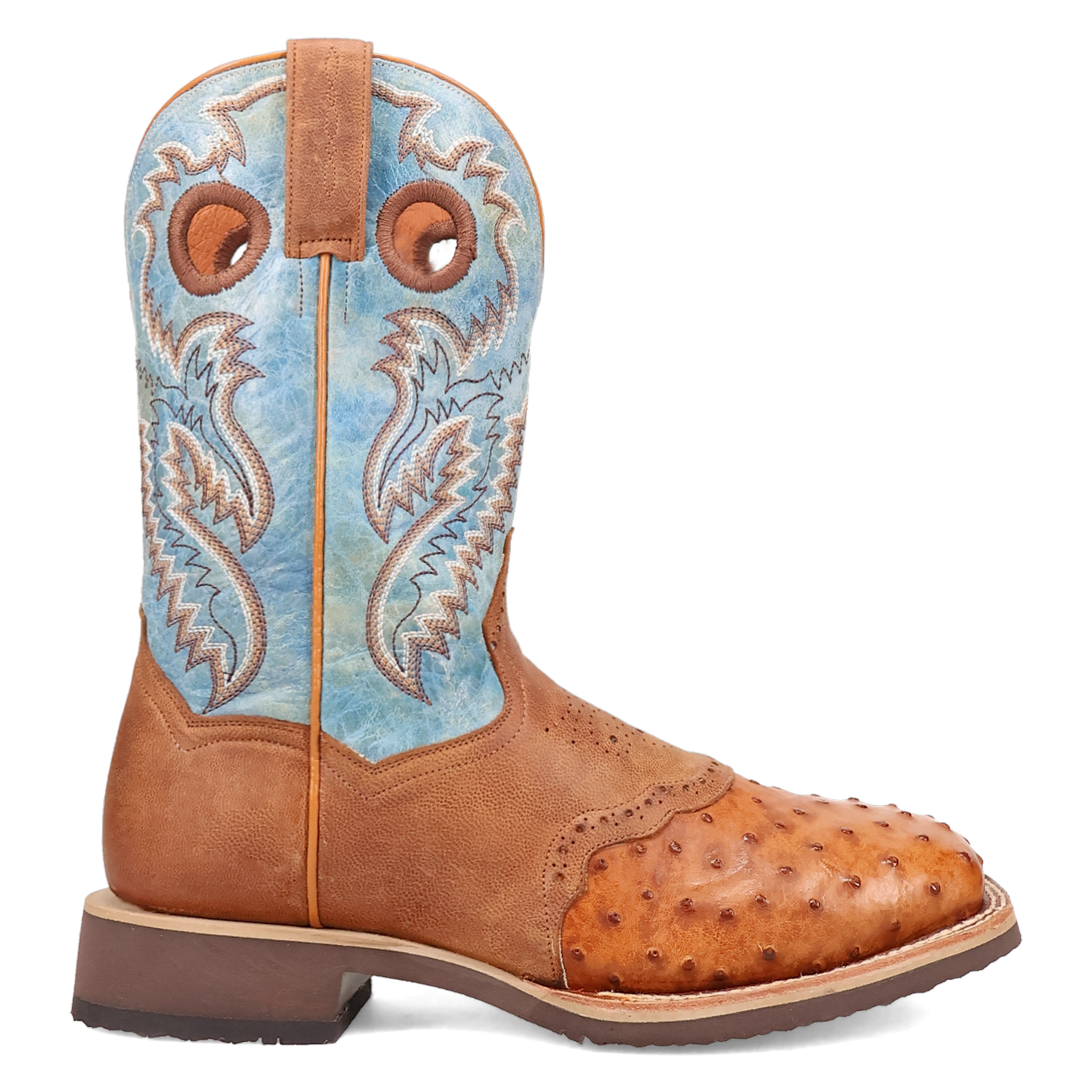 Dan Post DP6060 11" Martel Brown & Blue Full Quill Ostrich Wide Square Toe Boot With Saddle Vamp *Closeout*