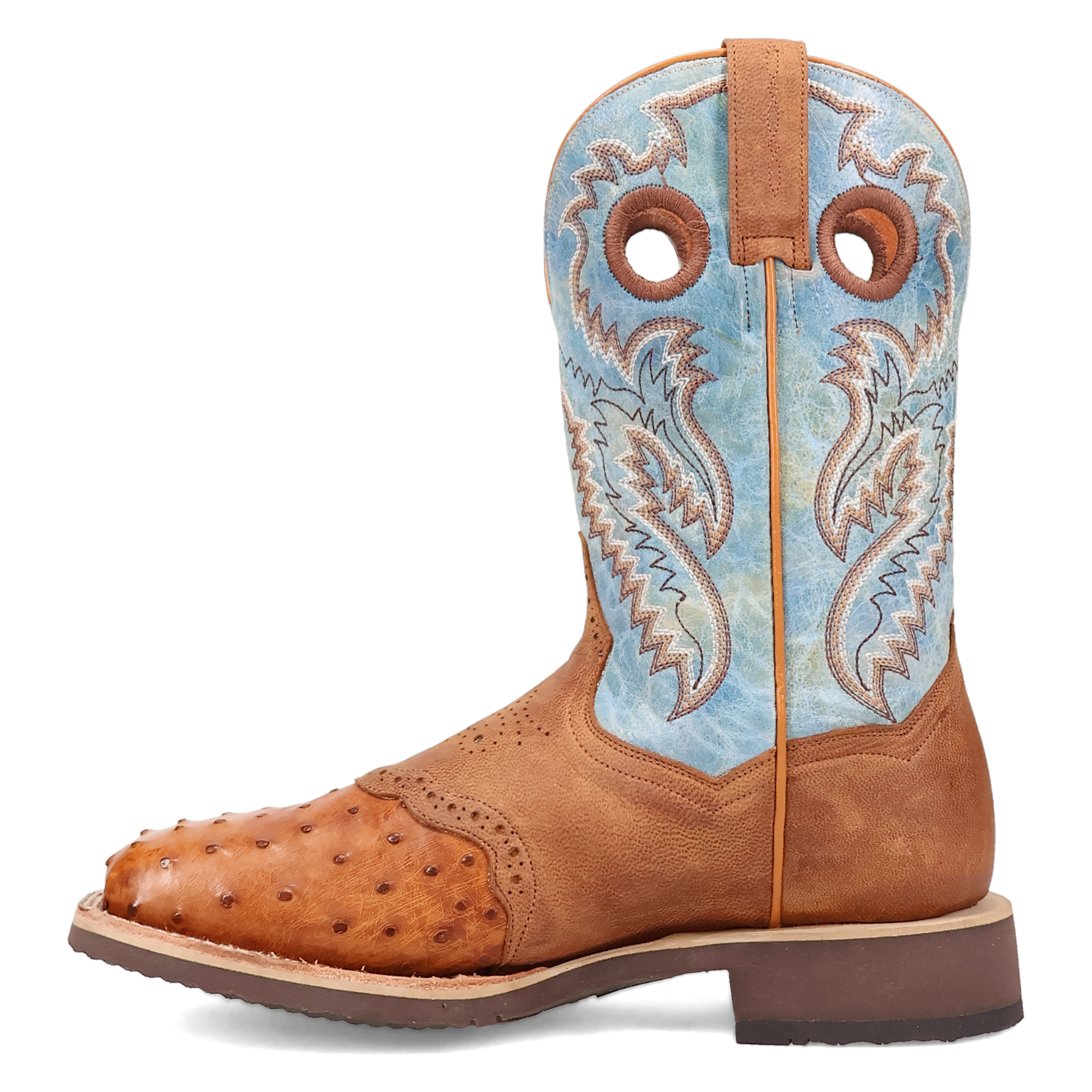 Dan Post DP6060 11" Martel Brown & Blue Full Quill Ostrich Wide Square Toe Boot With Saddle Vamp *Closeout*