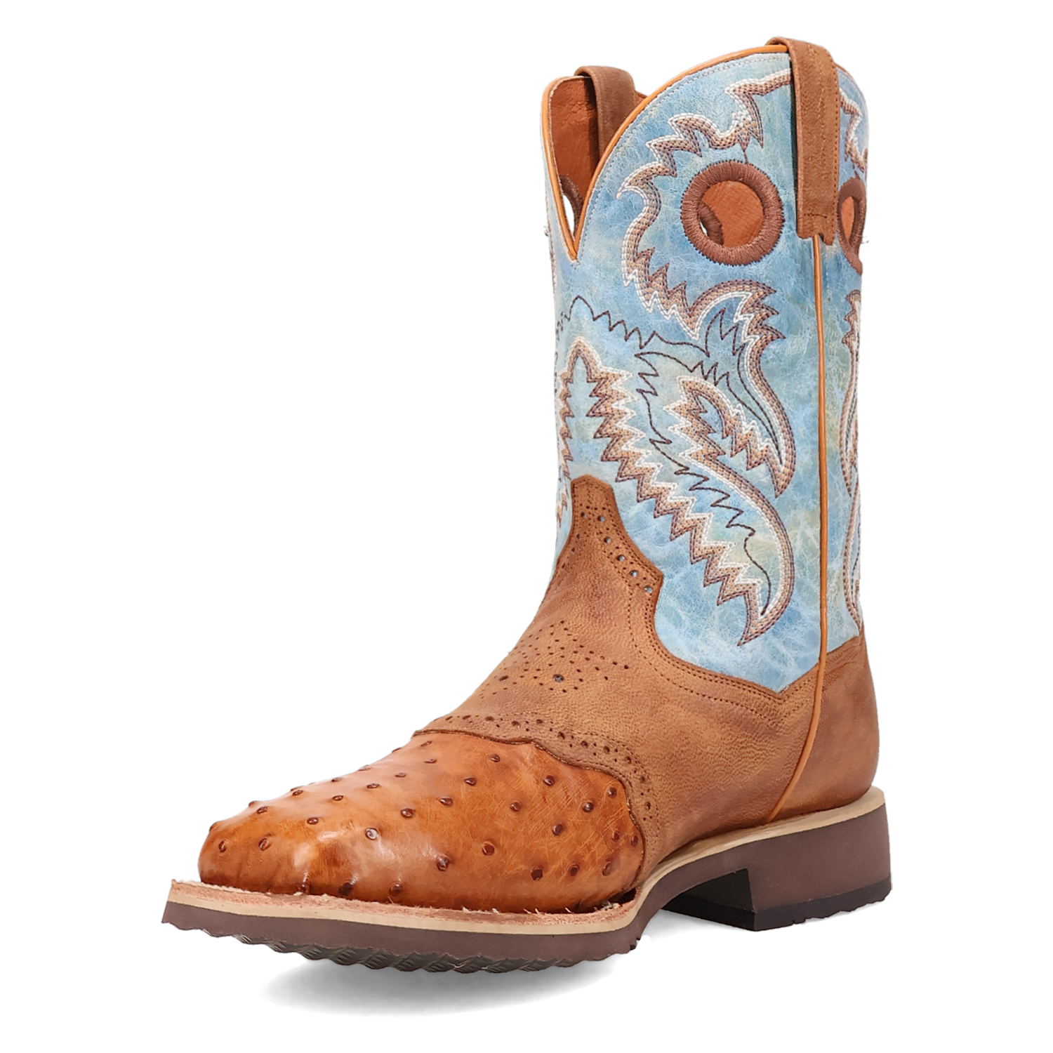 Dan Post DP6060 11" Martel Brown & Blue Full Quill Ostrich Wide Square Toe Boot With Saddle Vamp *Closeout*