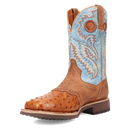 Dan Post DP6060 11" Martel Brown & Blue Full Quill Ostrich Wide Square Toe Boot With Saddle Vamp *Closeout*