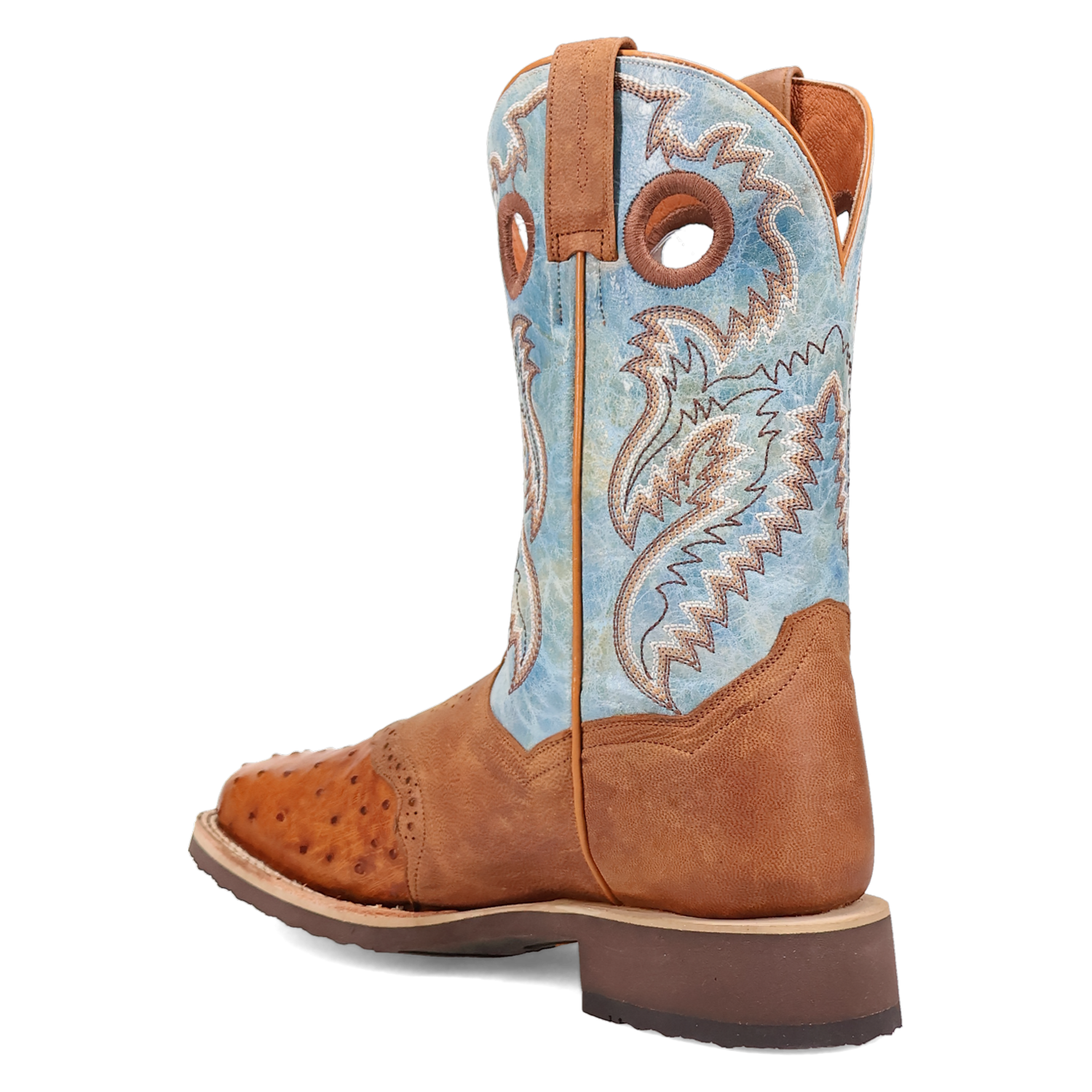 Dan Post DP6060 11" Martel Brown & Blue Full Quill Ostrich Wide Square Toe Boot With Saddle Vamp *Closeout*