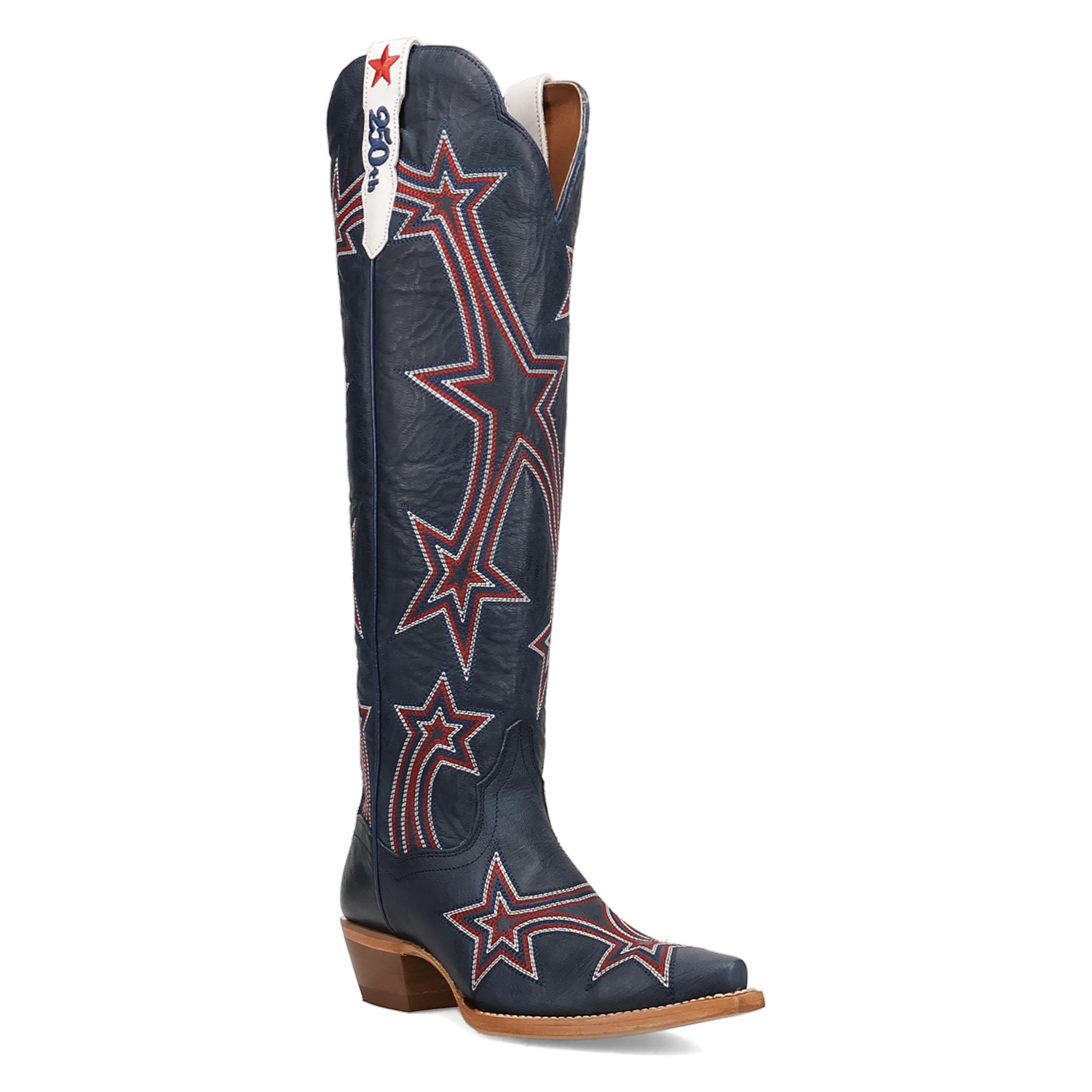 Women's Dan Post 18 inch tall snip toe leather western boots. Blue boots with red and white star pattern throughout, white pull tabs with 250th stitching. Limited to 250 pairs these boots are commemorating the 250th anniversary of America. Front view