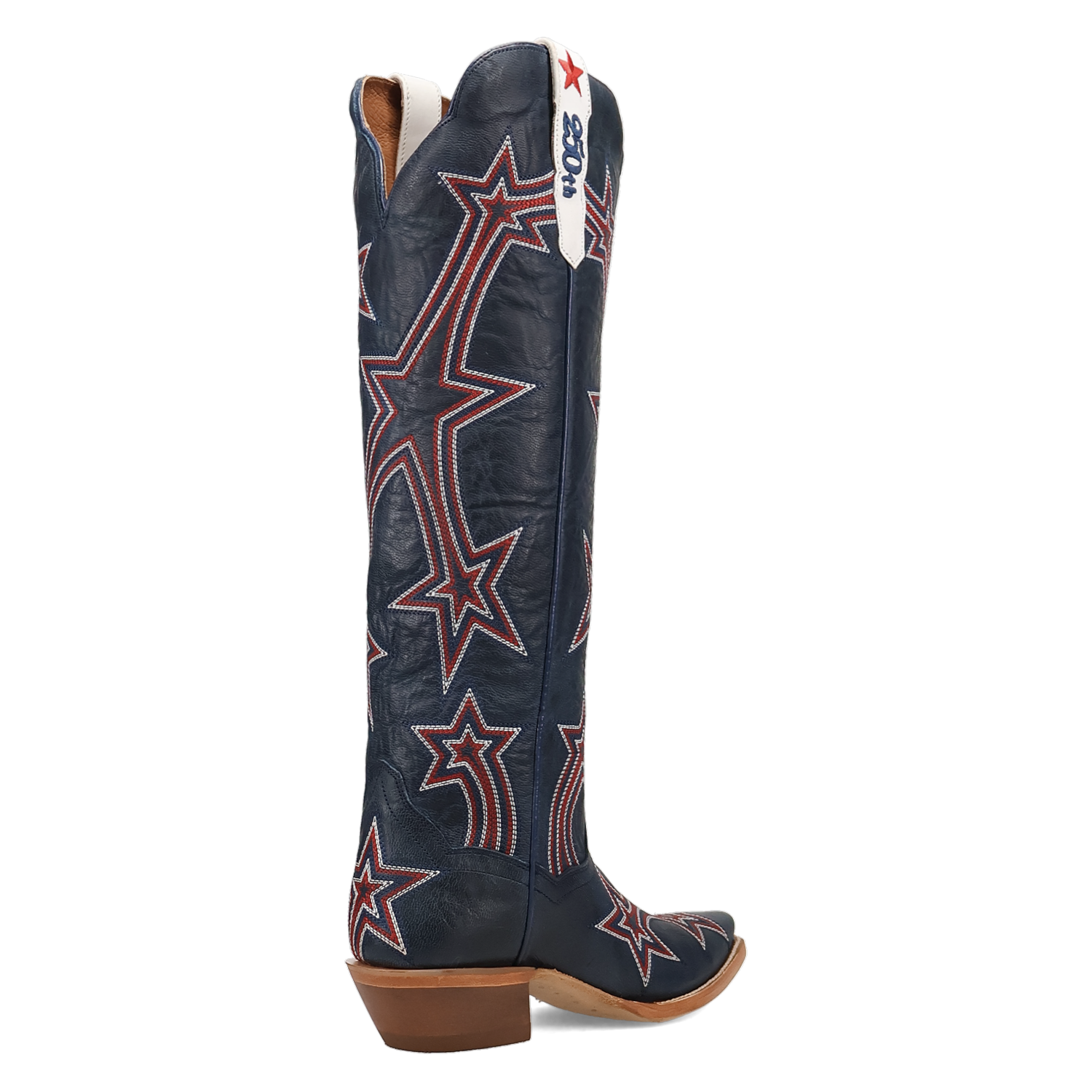 Women's Dan Post 18 inch tall snip toe leather western boots. Blue boots with red and white star pattern throughout, white pull tabs with 250th stitching. Limited to 250 pairs these boots are commemorating the 250th anniversary of America. Rear view showing star details. 