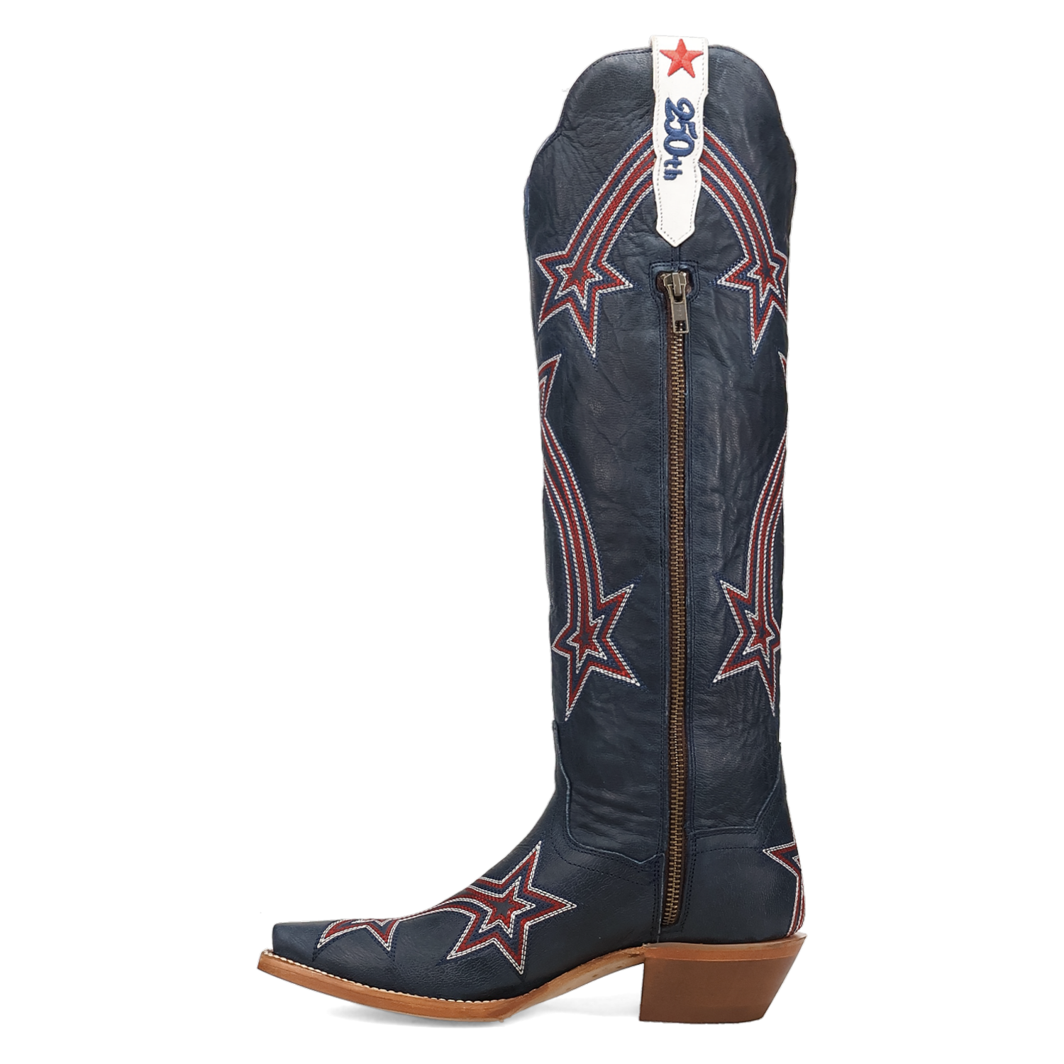 Women's Dan Post 18 inch tall snip toe leather western boots. Blue boots with red and white star pattern throughout, white pull tabs with 250th stitching. Limited to 250 pairs these boots are commemorating the 250th anniversary of America. Inside side view showing zippered opening. 