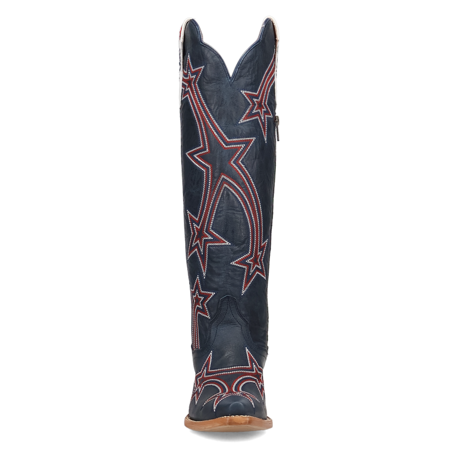 Women's Dan Post 18 inch tall snip toe leather western boots. Blue boots with red and white star pattern throughout, white pull tabs with 250th stitching. Limited to 250 pairs these boots are commemorating the 250th anniversary of America. Full Front View