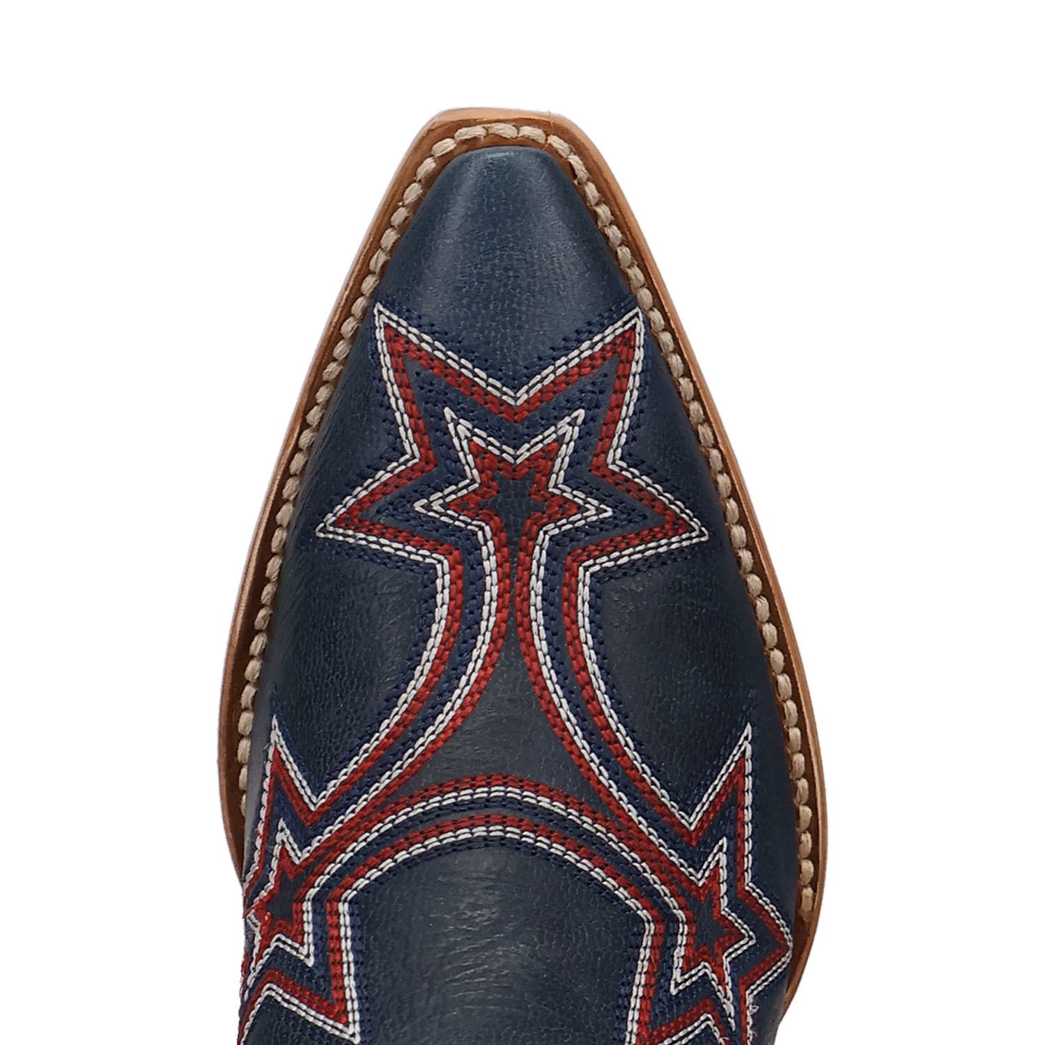 Women's Dan Post 18 inch tall snip toe leather western boots. Blue boots with red and white star pattern throughout, white pull tabs with 250th stitching. Limited to 250 pairs these boots are commemorating the 250th anniversary of America. Close up of toe