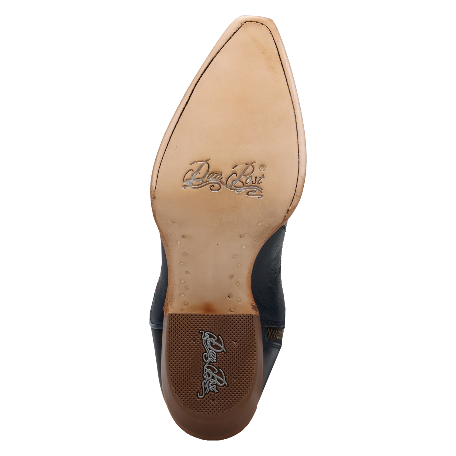 Women's Dan Post 18 inch tall snip toe leather western boots. Blue boots with red and white star pattern throughout, white pull tabs with 250th stitching. Limited to 250 pairs these boots are commemorating the 250th anniversary of America. Bottom view showing outsole.