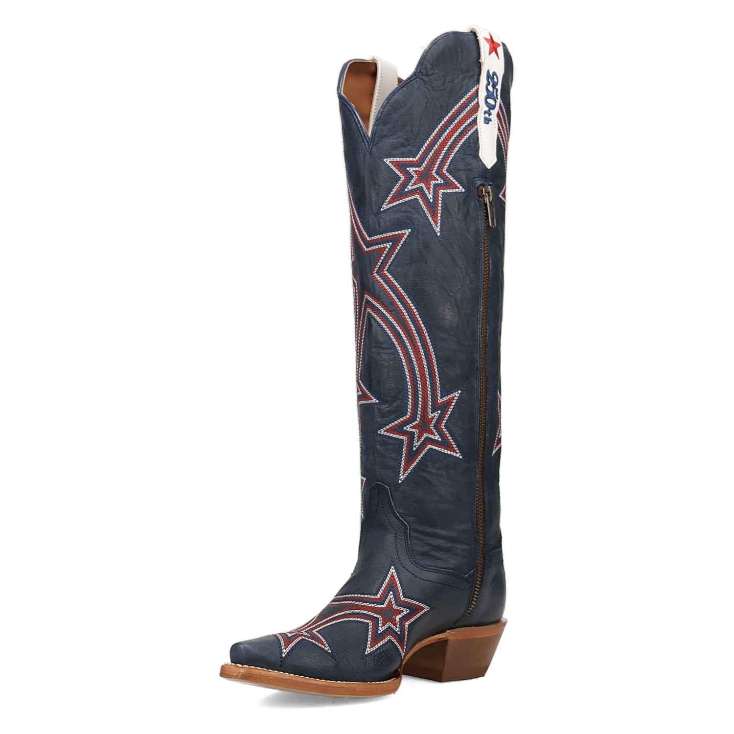 Women's Dan Post 18 inch tall snip toe leather western boots. Blue boots with red and white star pattern throughout, white pull tabs with 250th stitching. Limited to 250 pairs these boots are commemorating the 250th anniversary of America. Side view
