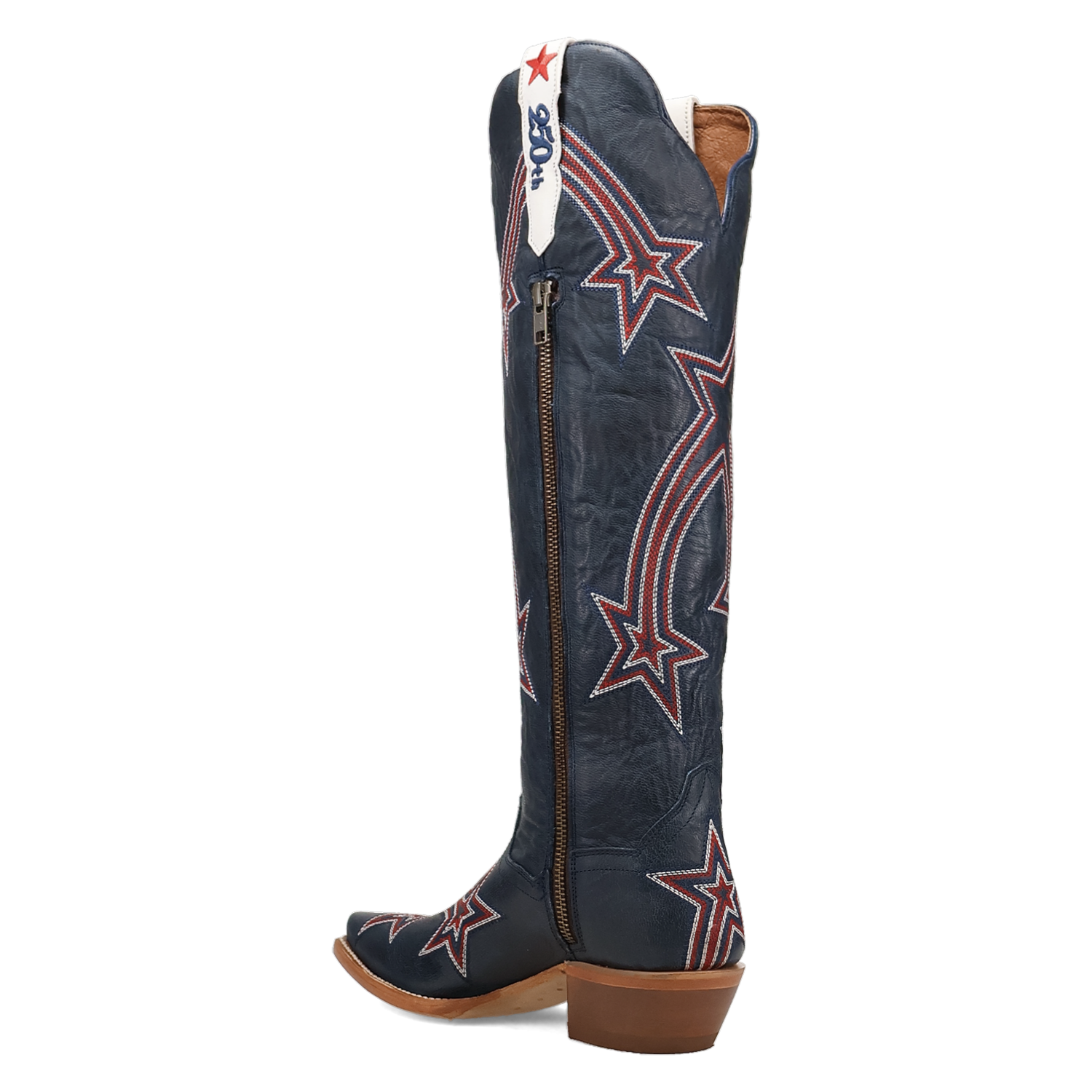 Women's Dan Post 18 inch tall snip toe leather western boots. Blue boots with red and white star pattern throughout, white pull tabs with 250th stitching. Limited to 250 pairs these boots are commemorating the 250th anniversary of America. Zipper details 