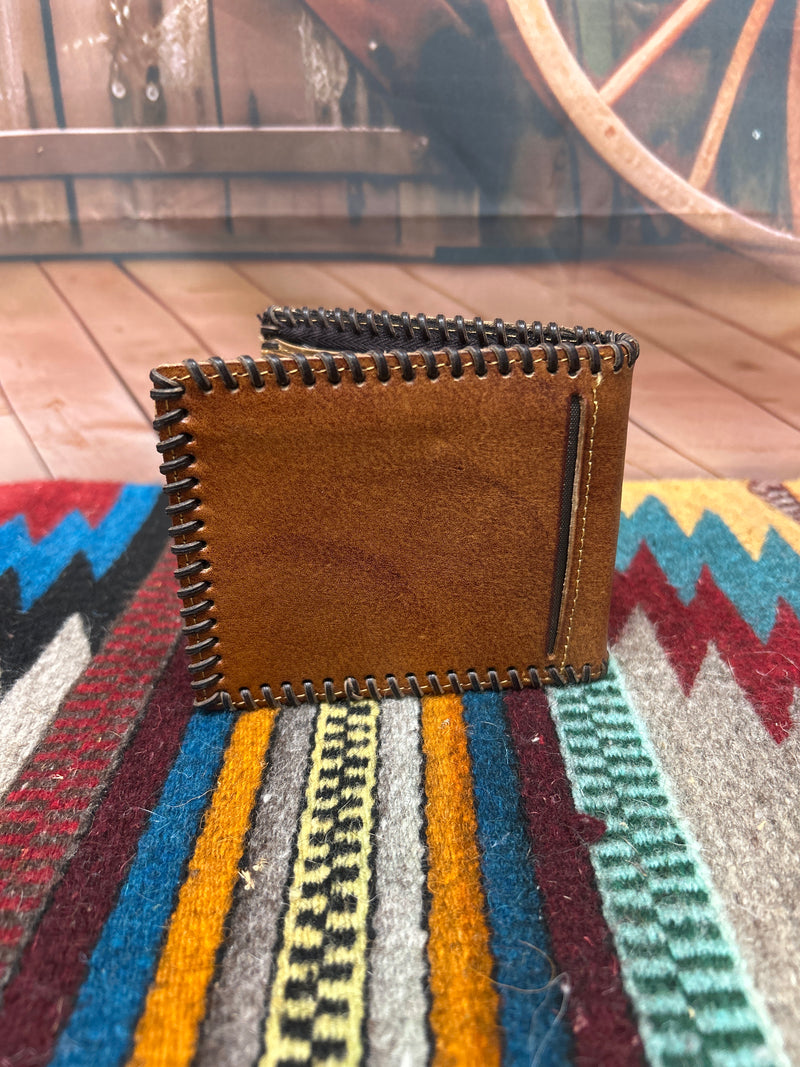 This Brown leather bifold wallet with embossed Rooster design by Top Notch 
Accessories features a whip stitched border. Rear view showing additional slot. 