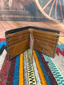 This Brown leather bifold wallet with embossed Rooster design by Top Notch 
Accessories features a whip stitched border.  Inside view showing multiple card slots and dual ID window. 
